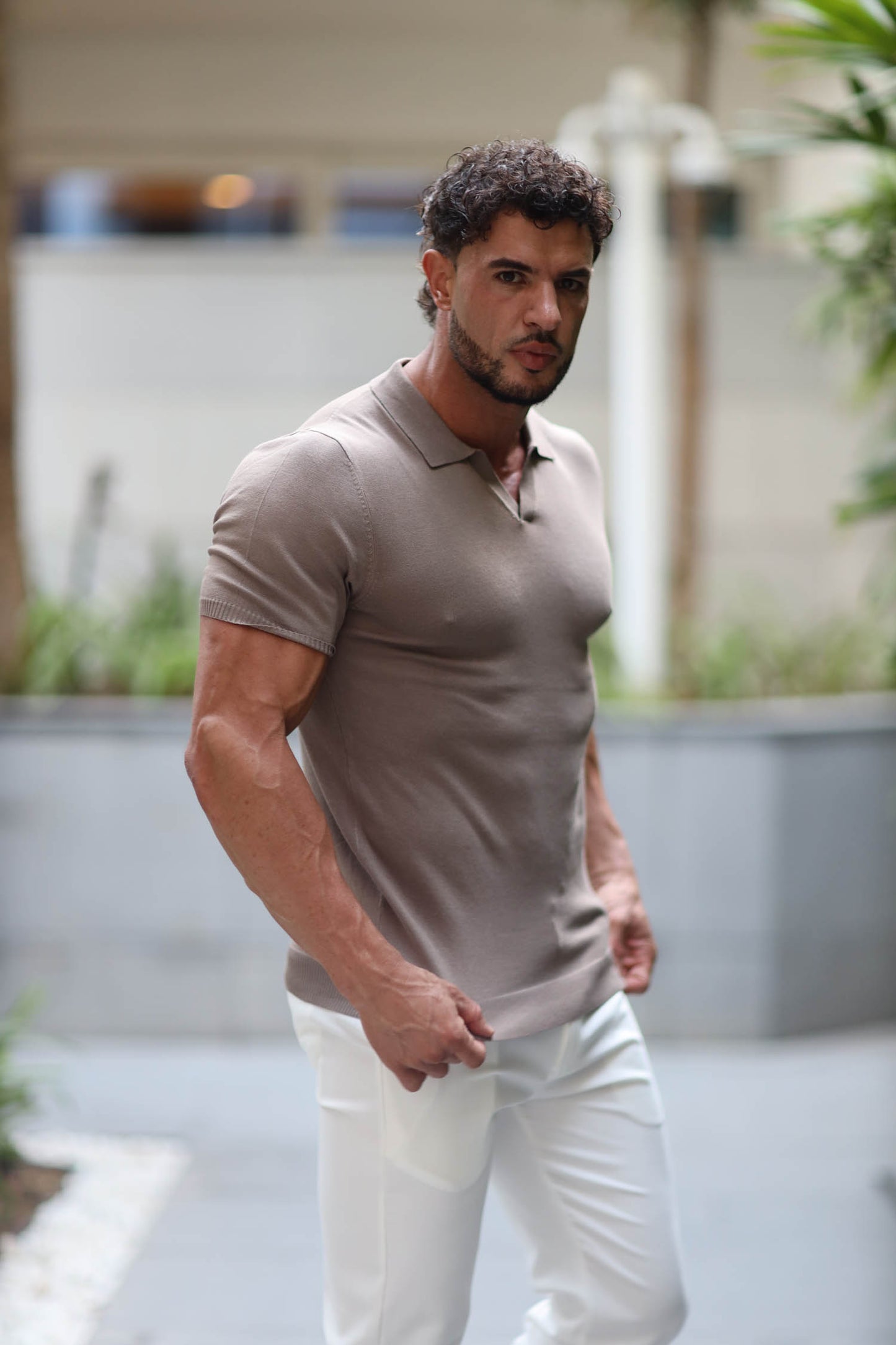 Buttonless Knitwear Polo Short Sleeve Brown