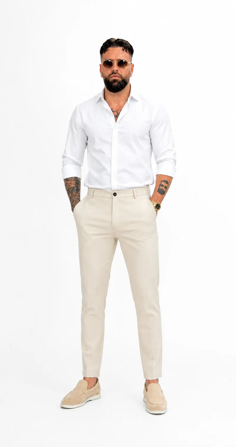 Chic Trouser Elastic Waistband Straight Fit Beige