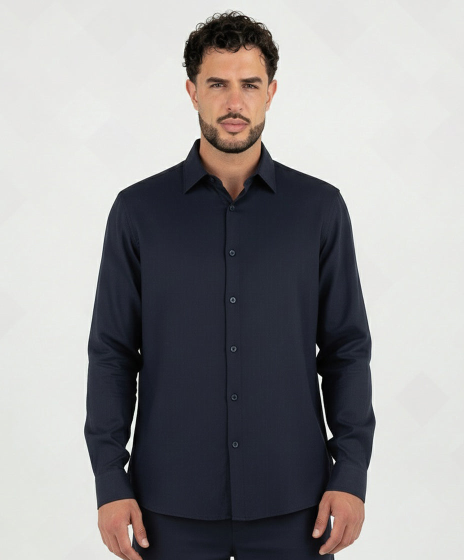 Two-Piece Set Linen Shirt Long Sleeve & Short Navy Blue