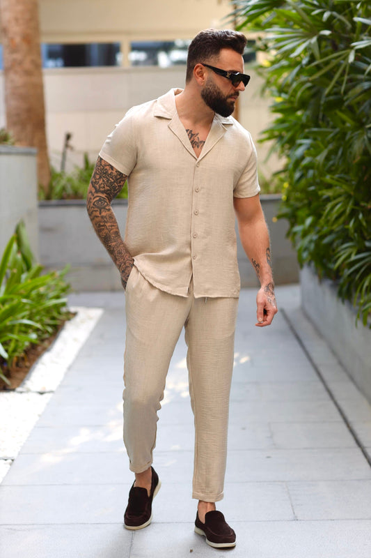 Two-Piece Linen Set Shirt Short Sleeve & Trouser Beige