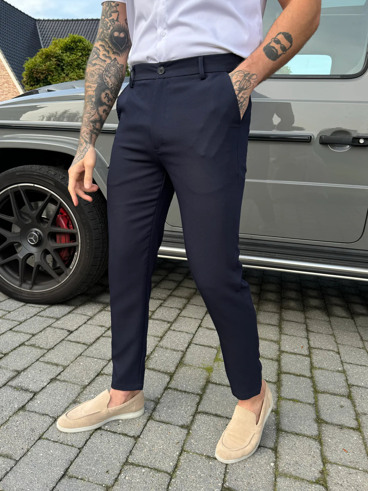 Chic Trouser Elastic Waistband Straight Fit Navy Blue