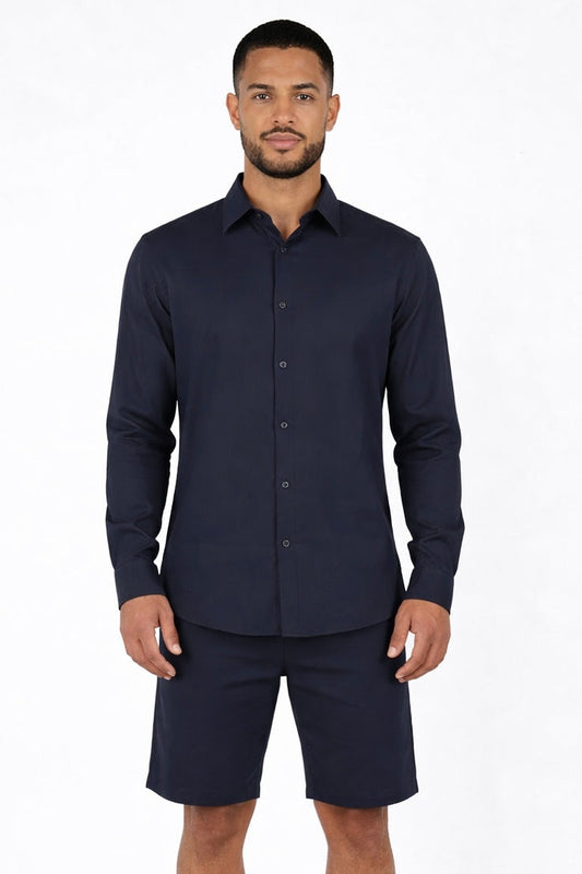 Linen Shirt Long Sleeve Navy Blue