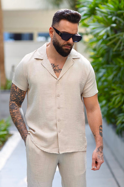 Two-Piece Linen Set Shirt Short Sleeve & Trouser Beige