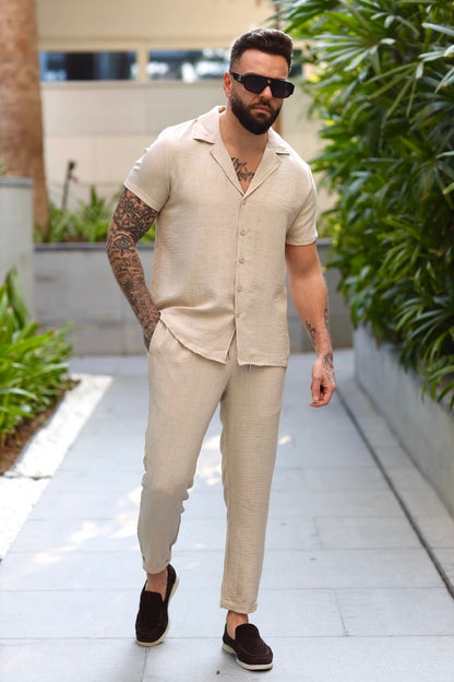 Two-Piece Linen Set Shirt Short Sleeve & Trouser Beige