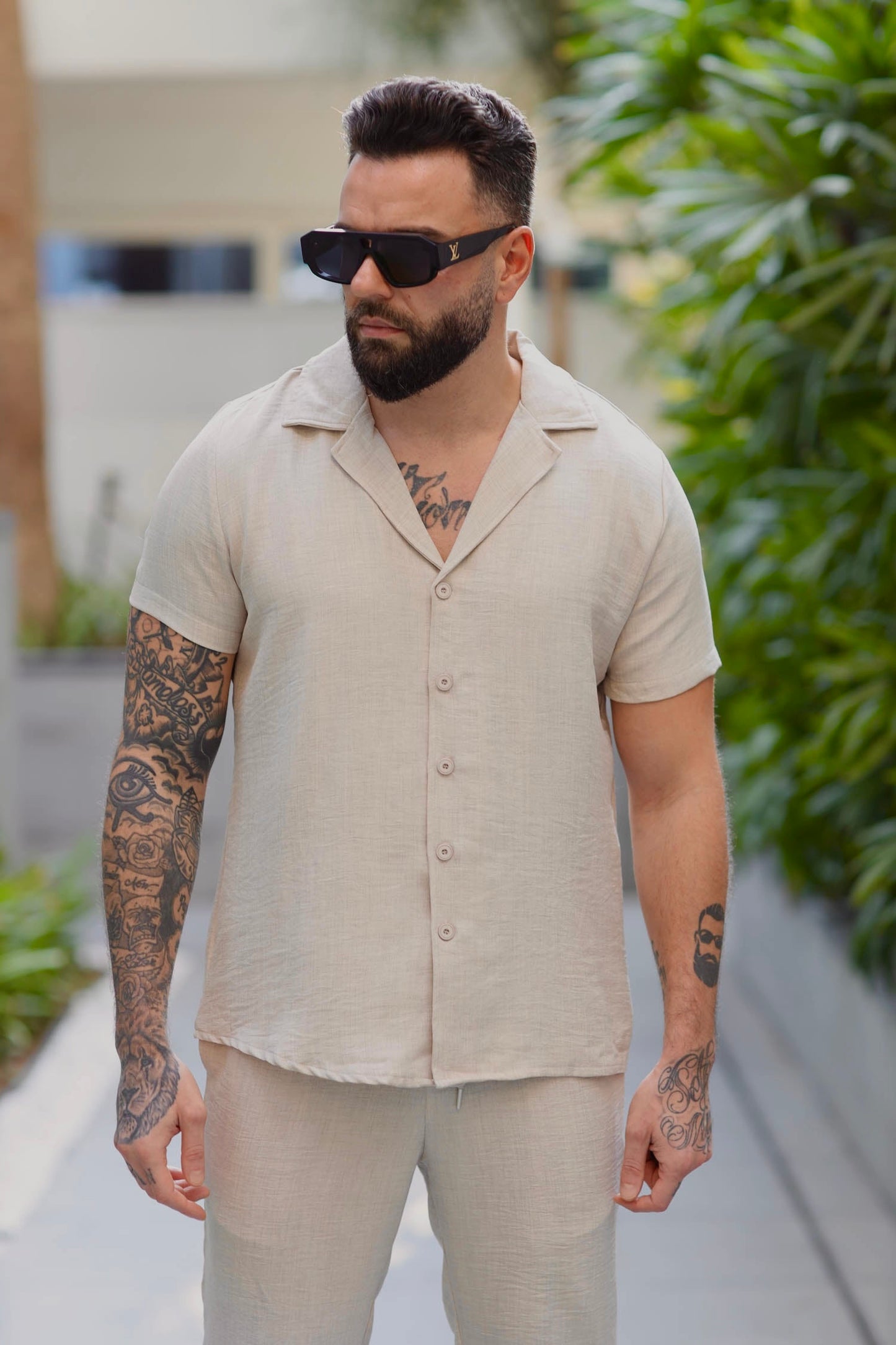 Two-Piece Linen Set Shirt Short Sleeve & Trouser Beige