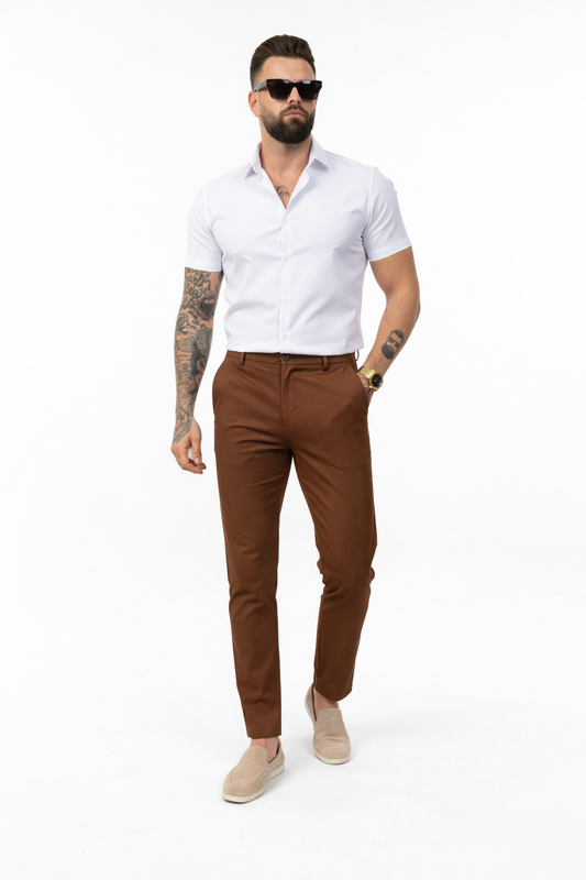 Chic Trouser Elastic Waistband Straight Fit Brown