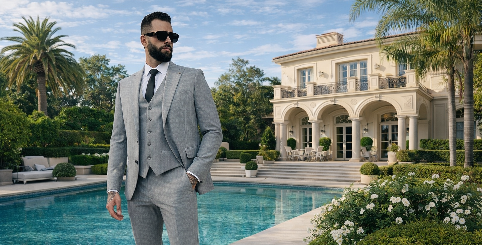 Man in a gray suit standing by a pool with a mansion in the background