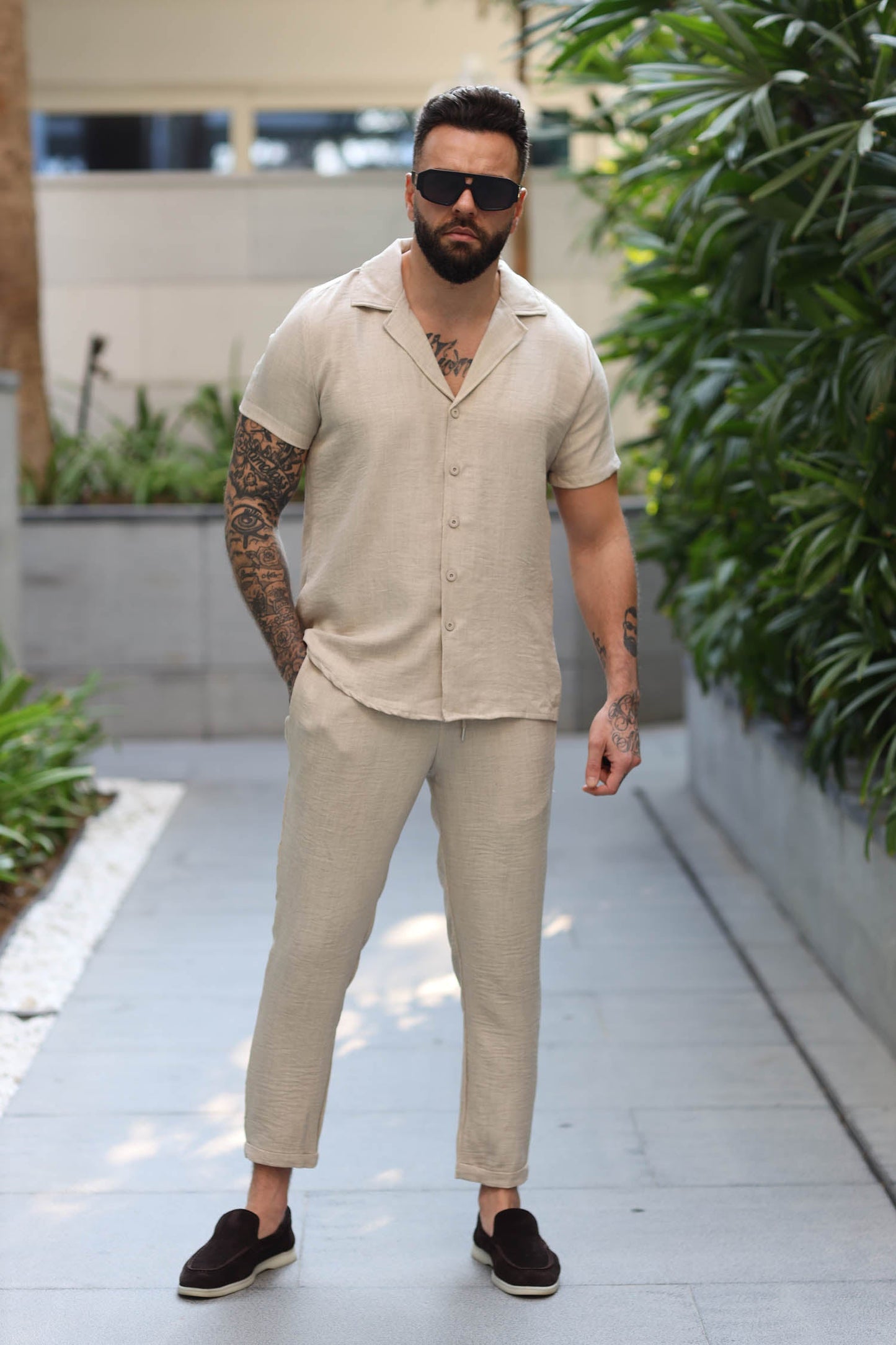 Two-Piece Linen Set Shirt Short Sleeve & Trouser Beige