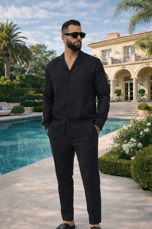 Two-Piece Set Linen Shirt Long Sleeve & Trouser Black