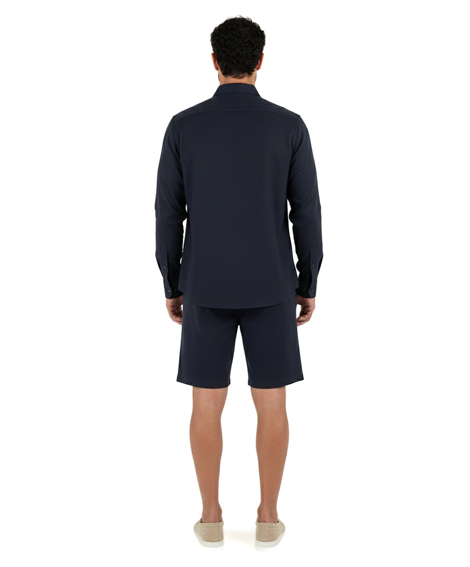 Two-Piece Set Linen Shirt Long Sleeve & Short Navy Blue