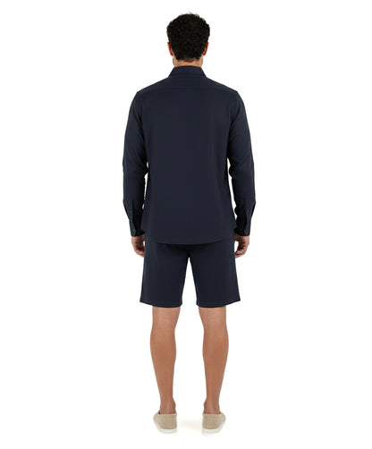 Two-Piece Set Linen Shirt Long Sleeve & Short Navy Blue