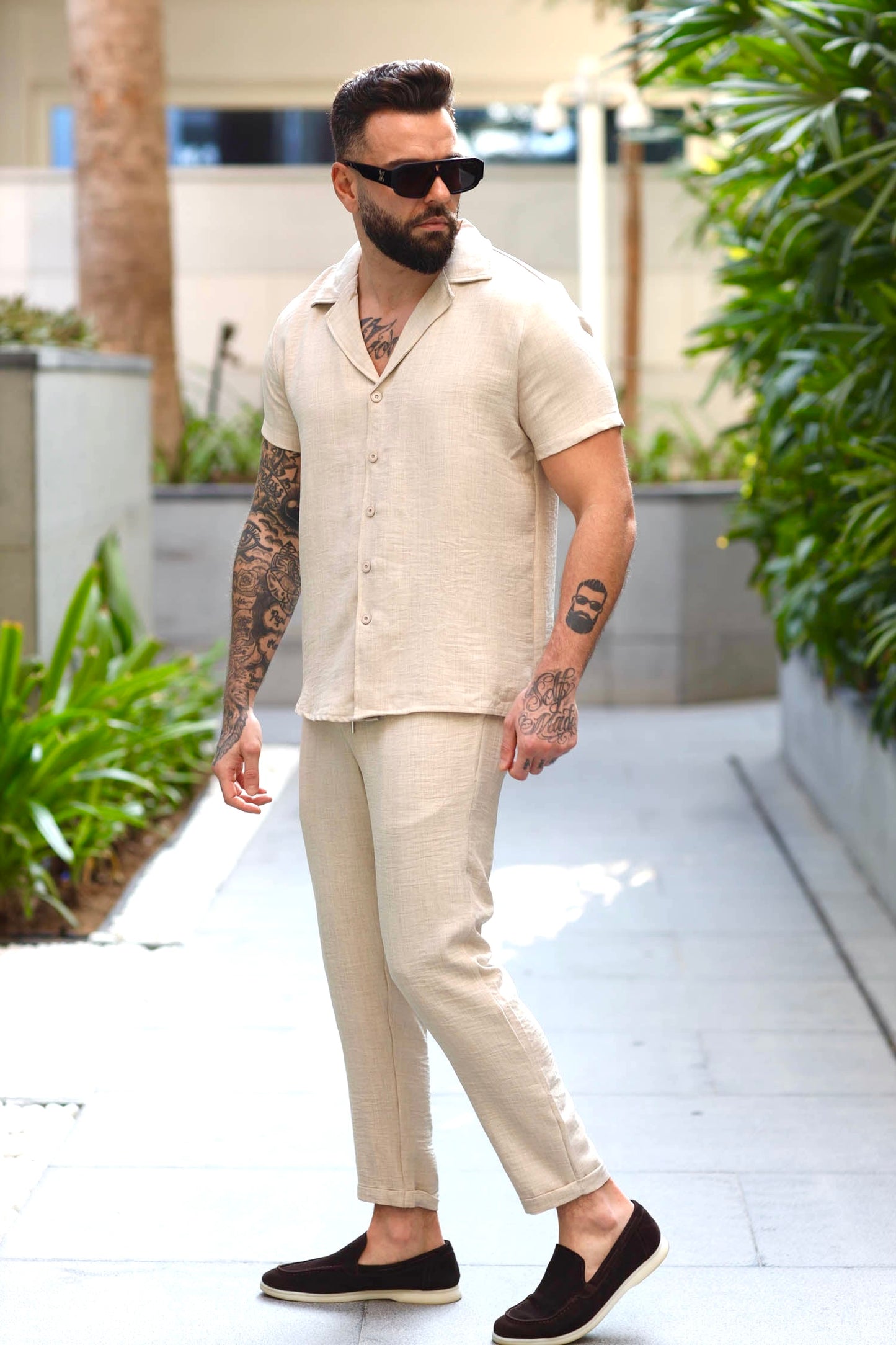 Two-Piece Linen Set Shirt Short Sleeve & Trouser Beige