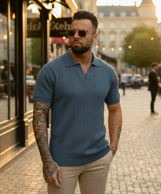 Buttonless knitwear polo short sleeve blue