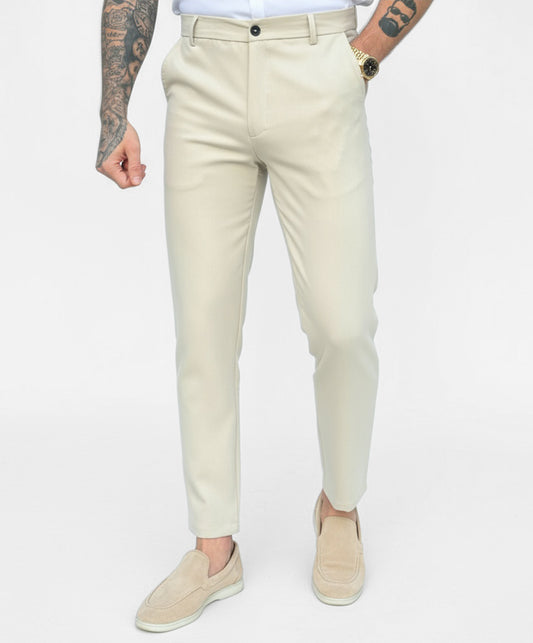 Chic Trouser Elastic Waistband Straight Fit Beige