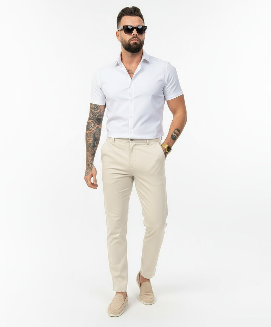 Chic Trouser Elastic Waistband Straight Fit Beige