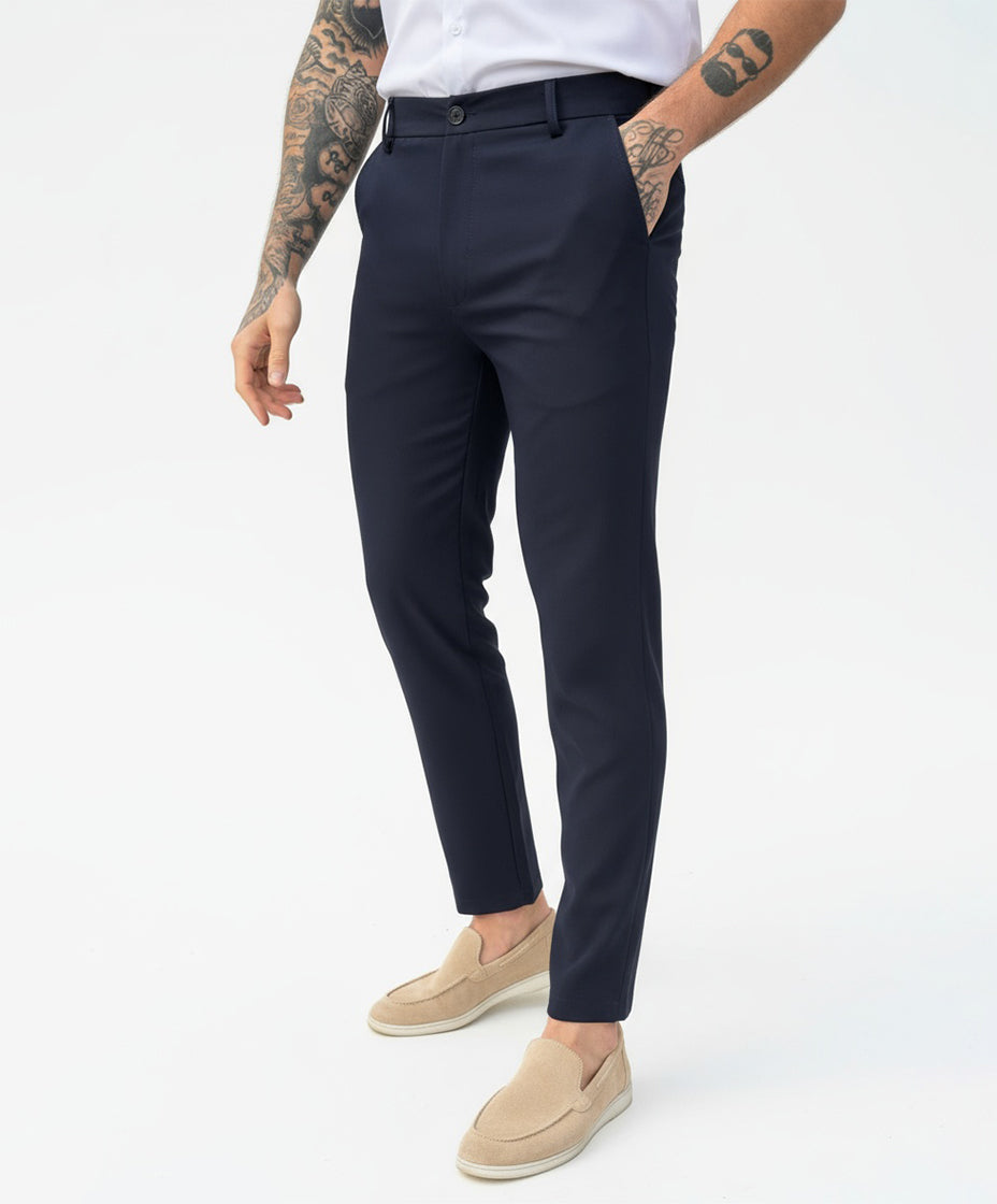 Chic Trouser Elastic Waistband Straight Fit Navy Blue