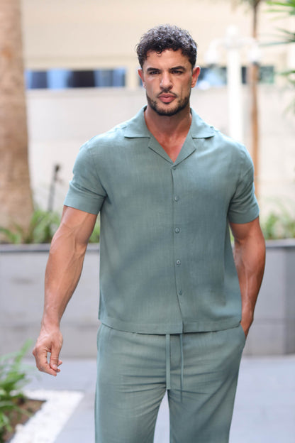 Two-Piece Set Linen Shirt Short Sleeve & Trouser Petrol Green