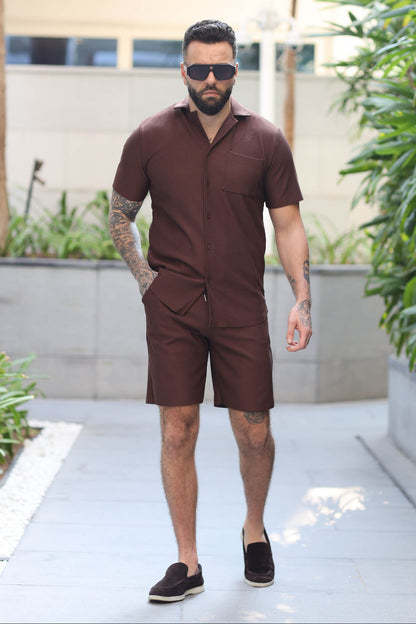 Two-Piece Rib Set Shirt & Short Brown