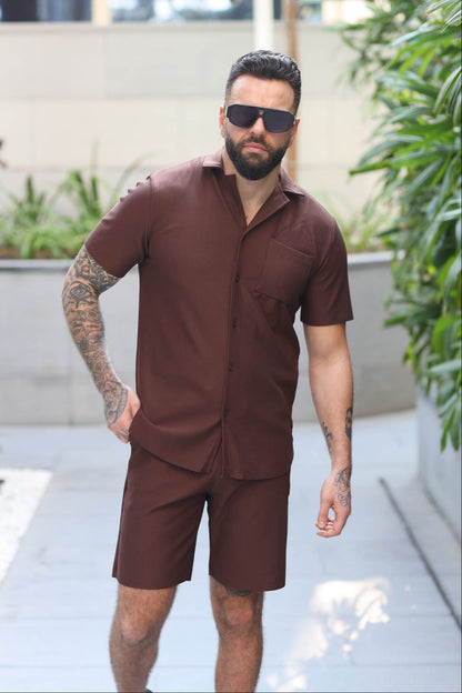 Two-Piece Rib Set Shirt & Short Brown