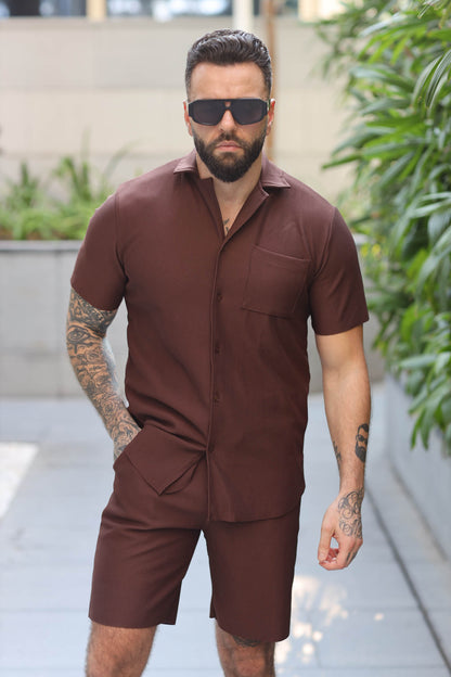 Two-Piece Rib Set Shirt & Short Brown