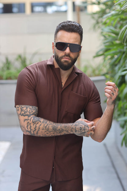 Two-Piece Rib Set Shirt & Short Brown