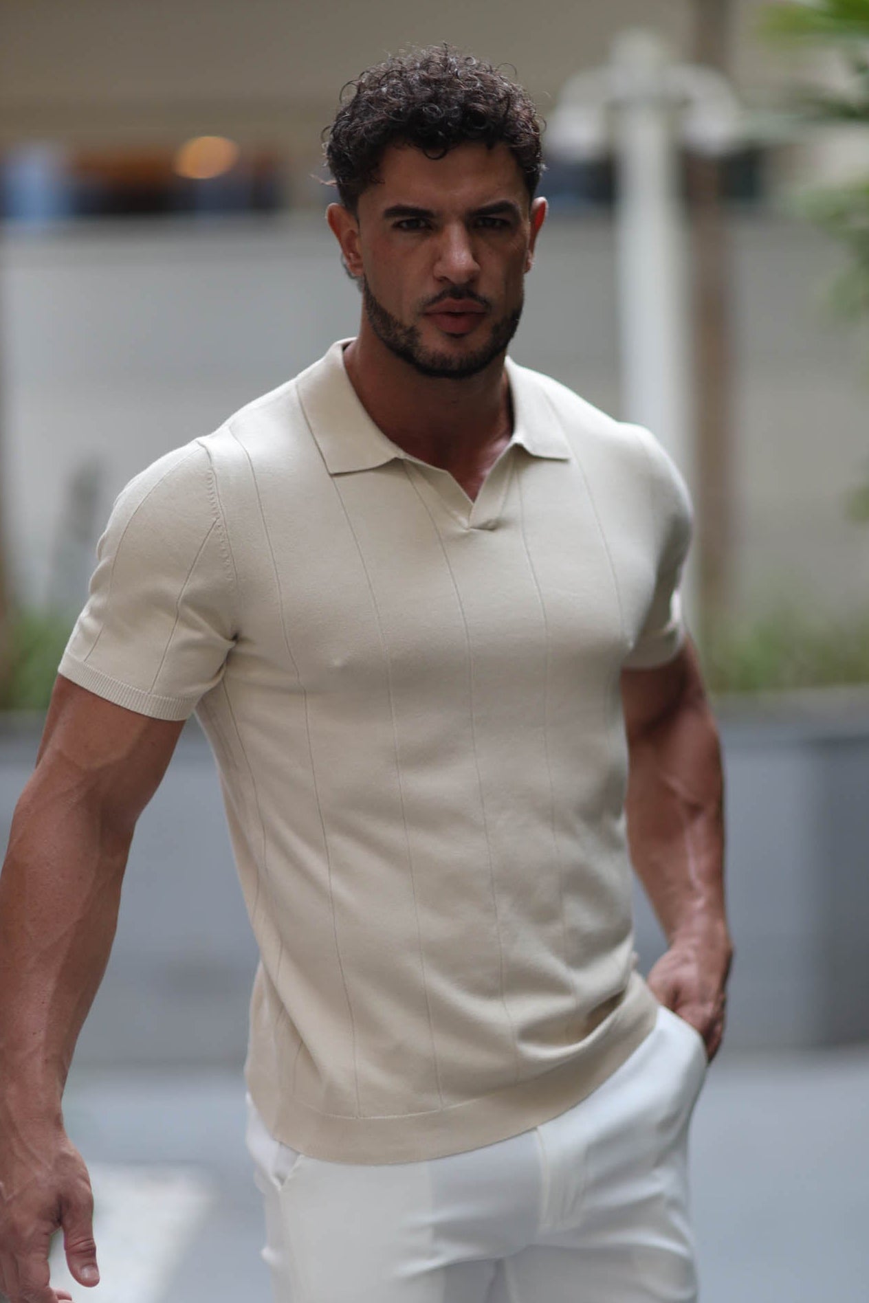 Buttonless knitwear polo short sleeve beige