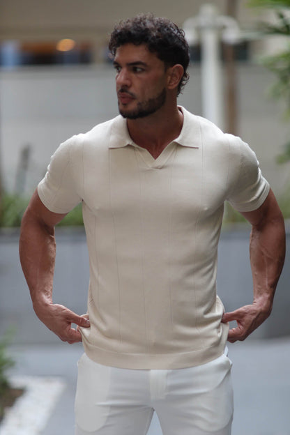 Buttonless knitwear polo short sleeve beige