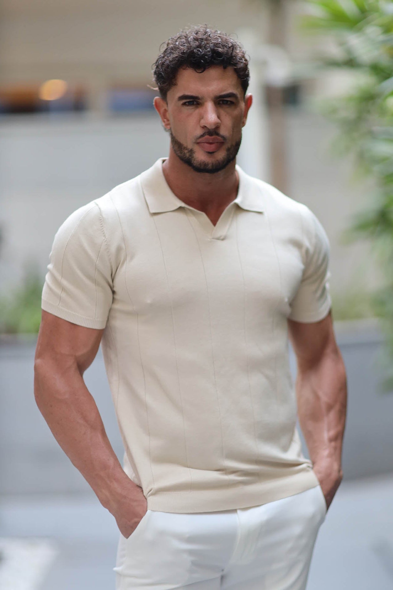 Buttonless knitwear polo short sleeve beige