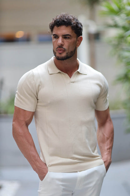 Buttonless knitwear polo short sleeve beige