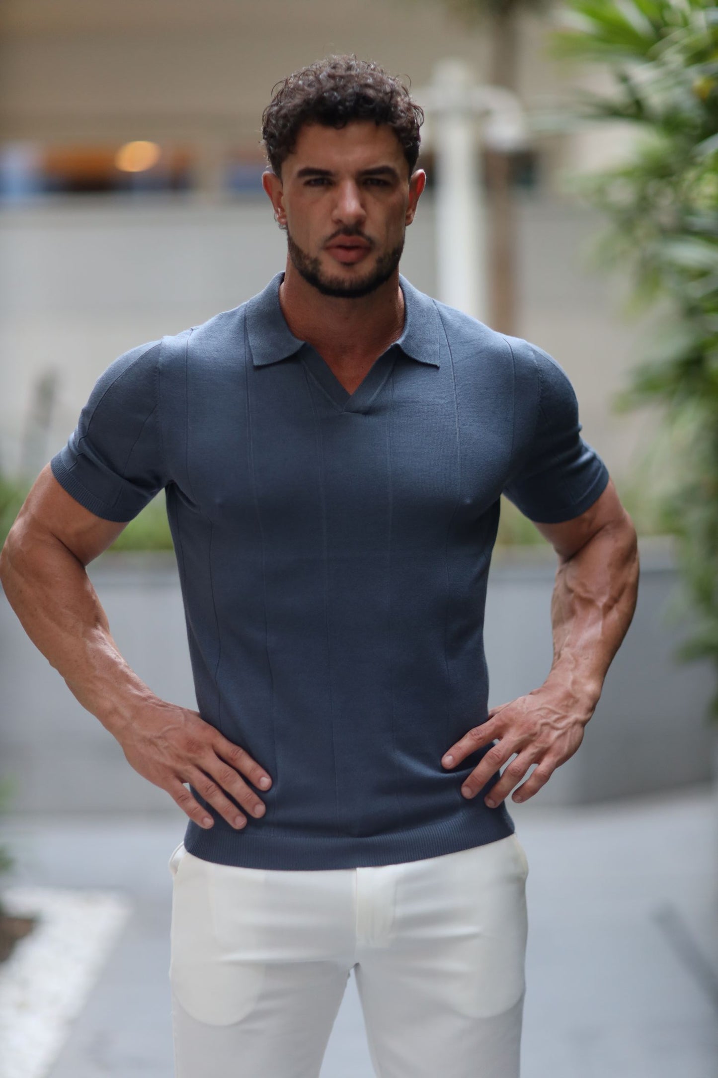Buttonless knitwear polo short sleeve blue