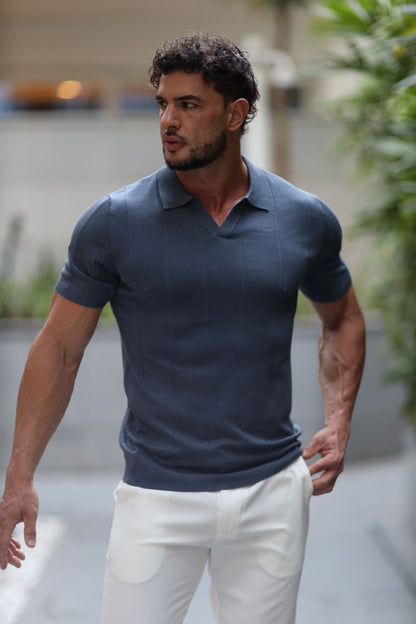 Buttonless knitwear polo short sleeve blue
