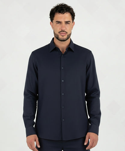 Two-Piece Set Linen Shirt Long Sleeve & Short Navy Blue