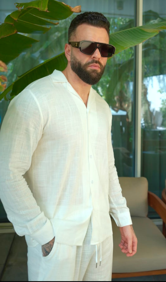 Two-Piece Set Linen Shirt Long Sleeve & Trouser White