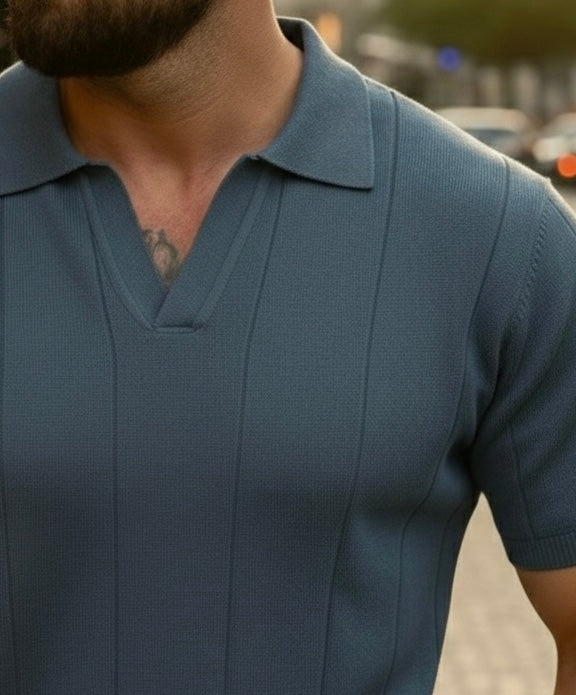 Buttonless knitwear polo short sleeve blue