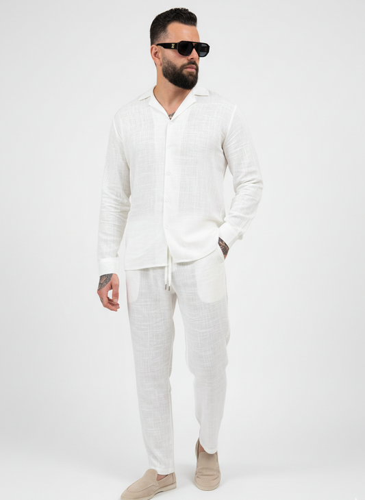 Two-Piece Set Linen Shirt Long Sleeve & Trouser White