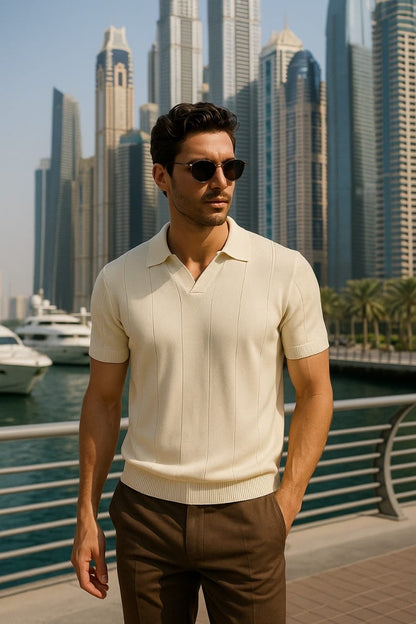 Buttonless knitwear polo short sleeve beige