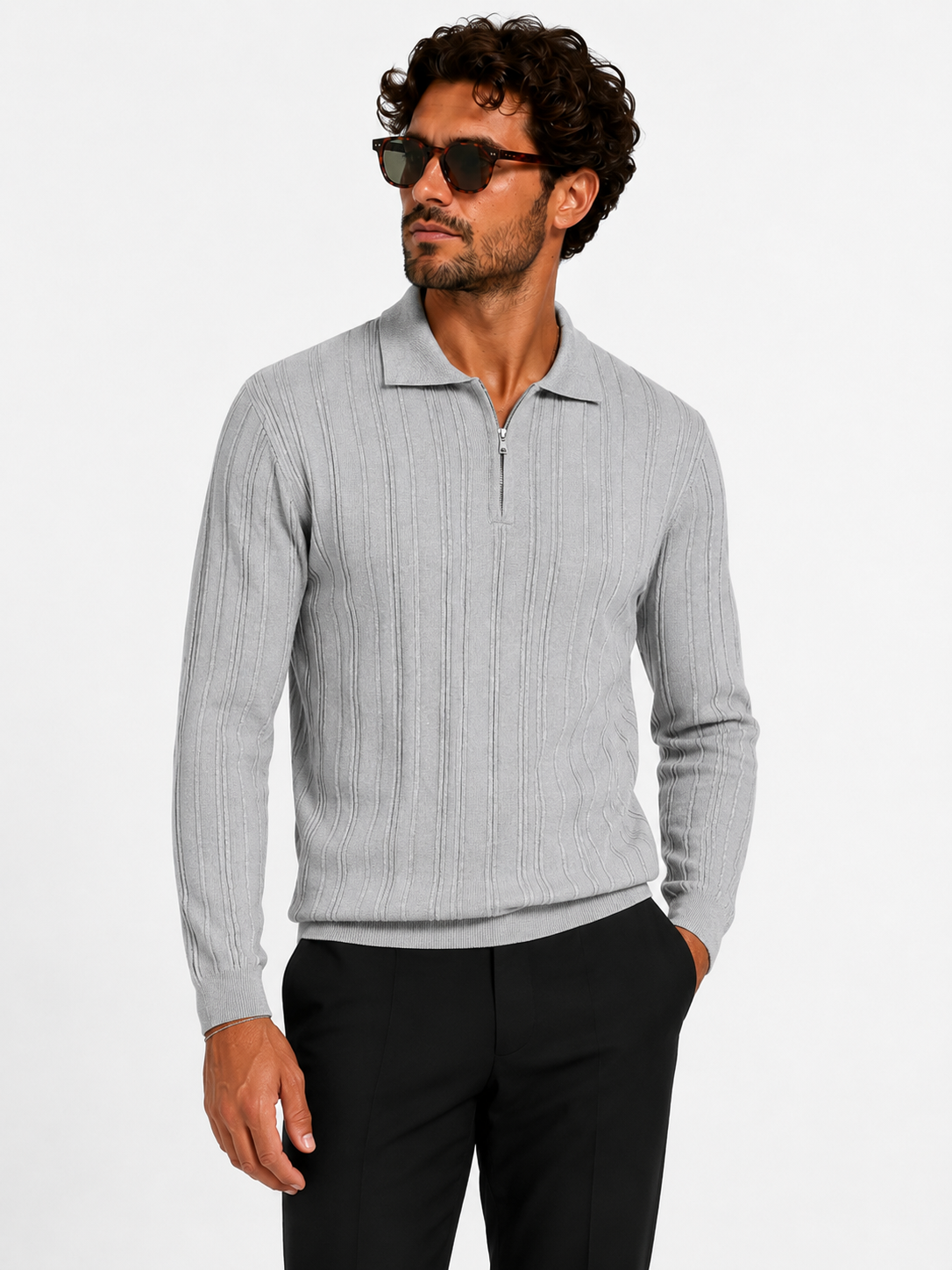 Ribbed Knit Polo Grey