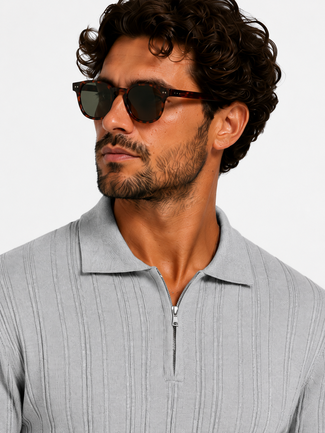 Ribbed Knit Polo Grey