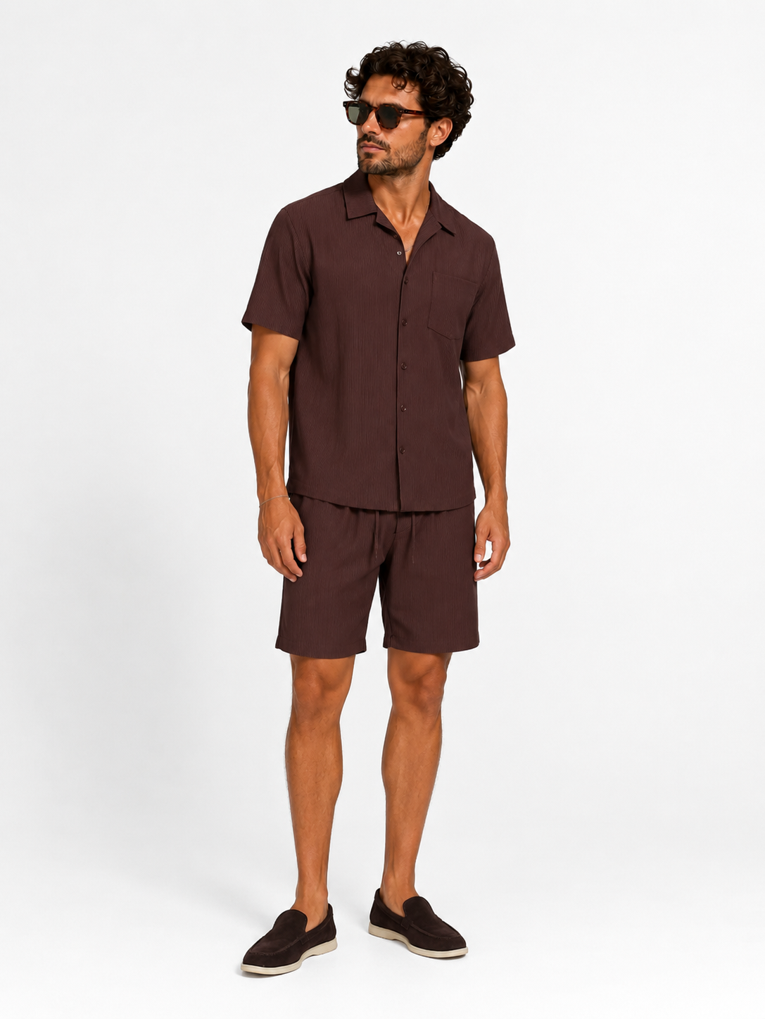 Two-Piece Rib Set Shirt & Short Brown