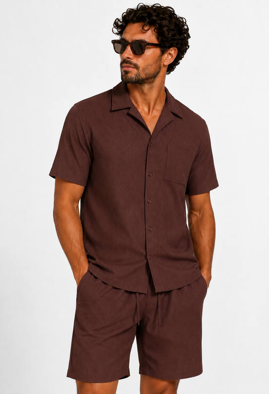 Two-Piece Rib Set Shirt & Short Brown