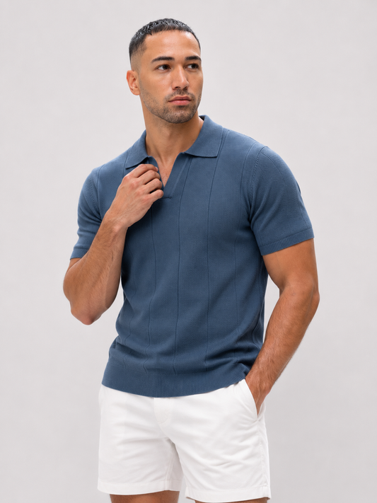 Buttonless knitwear polo short sleeve blue