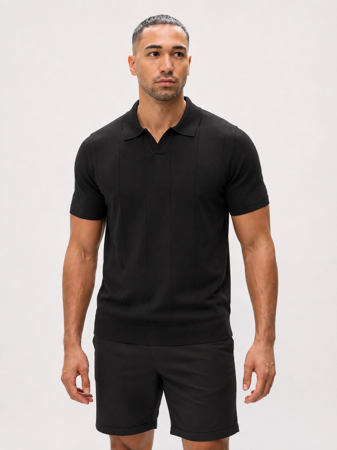 Buttonless knitwear polo short sleeve black