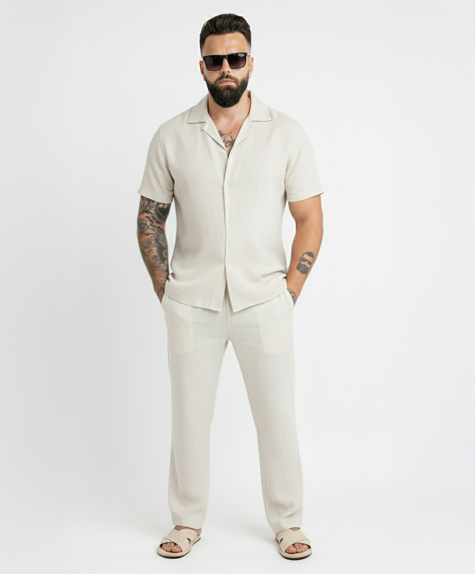Two-Piece Set Linen Shirt Short Sleeve & Trouser Light Beige