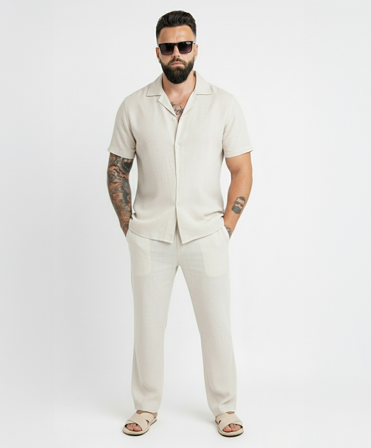 Two-Piece Set Linen Shirt Short Sleeve & Trouser Light Beige
