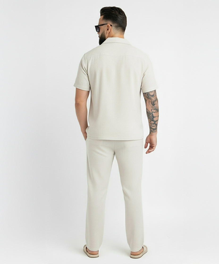 Two-Piece Set Linen Shirt Short Sleeve & Trouser Light Beige