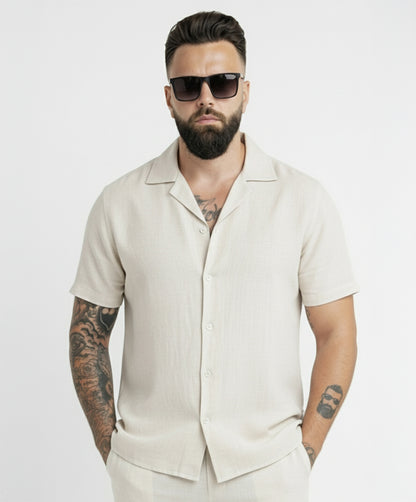Two-Piece Set Linen Shirt Short Sleeve & Trouser Light Beige