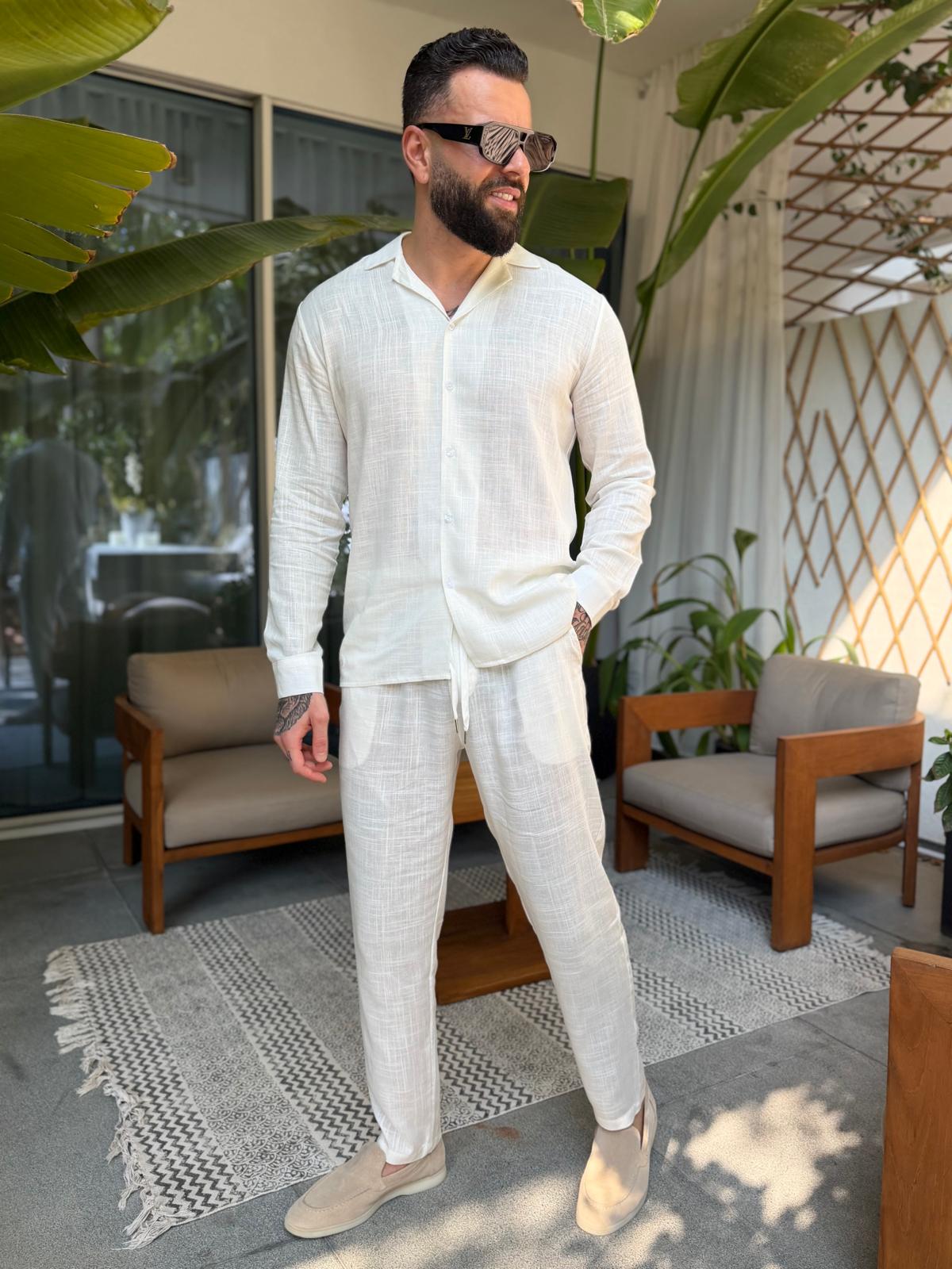 Two-Piece Set Linen Shirt Long Sleeve & Trouser White