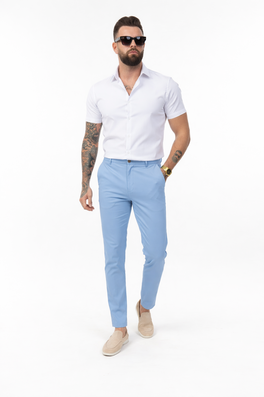 Chic Trouser Elastic Waistband Straight Fit Light Blue
