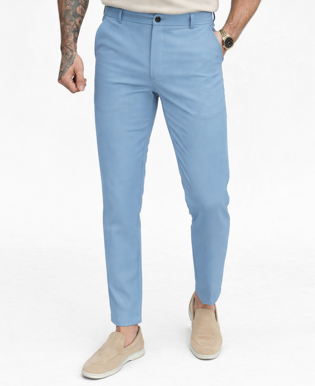 Chic Trouser Elastic Waistband Straight Fit Light Blue